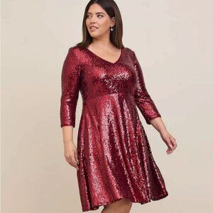 Torrid Red Full Sequin Cocktail Holiday Party Midi Skater Dress, Size 2/18W